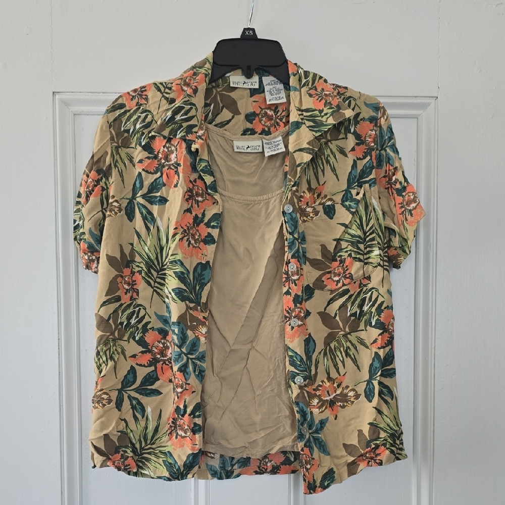 White Stag Beige and Green Floral Button-Down Shirt
